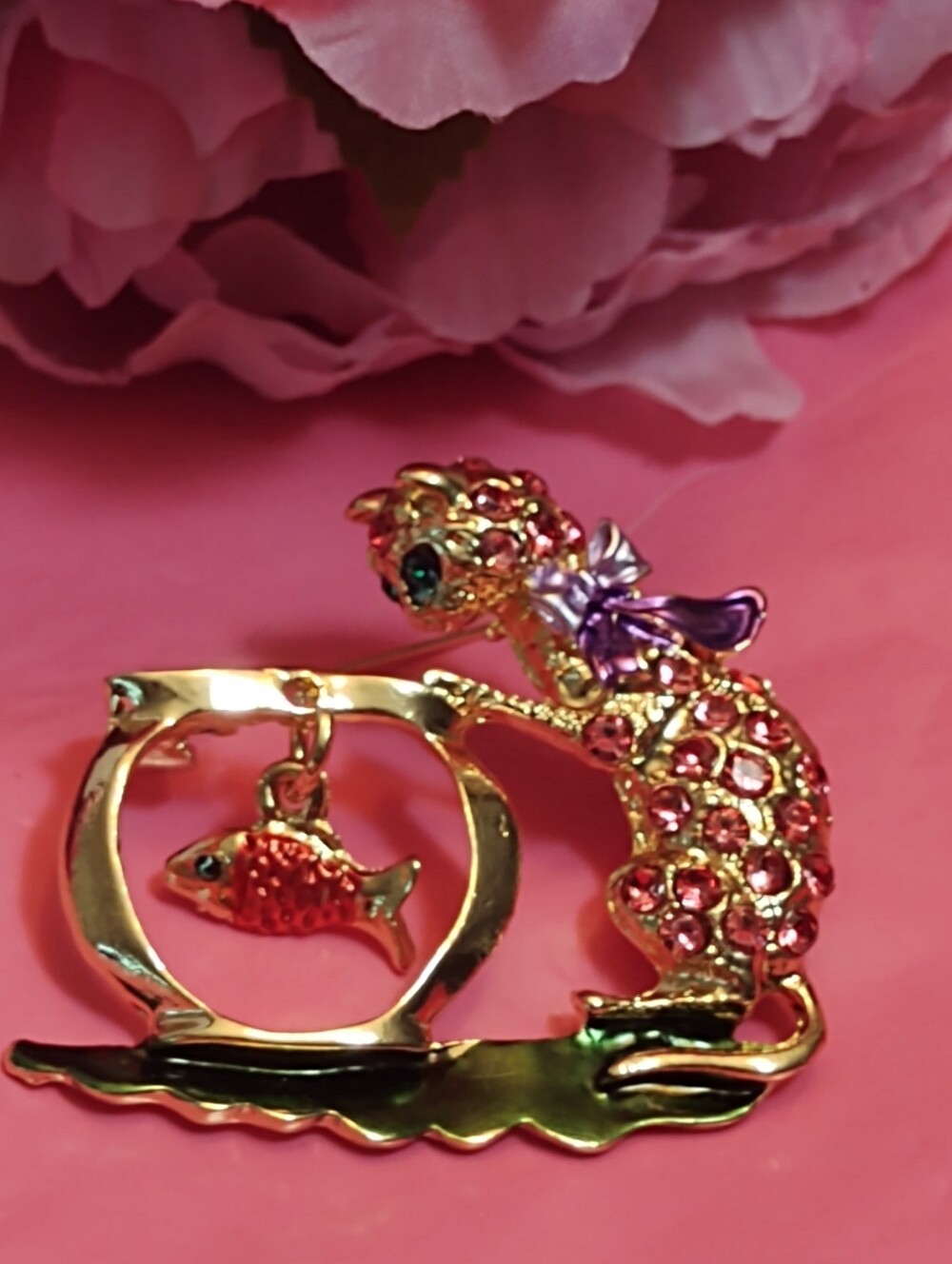 Pink Crystal Cat Brooch with Purple Ribbon Bow Accent Fish & Fishbowl